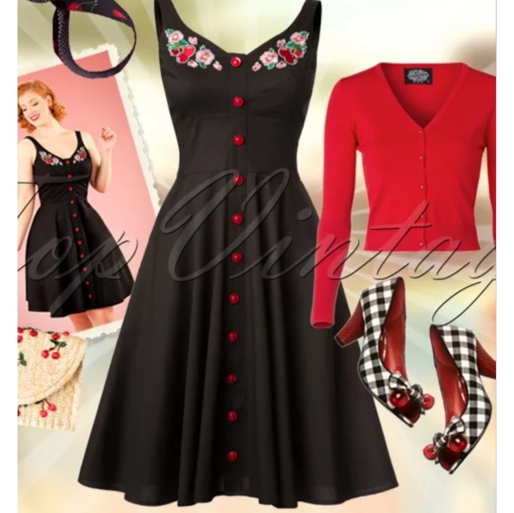 Hell Bunny Black Dress with Red Buttons and Floral Cherry  Embroidery